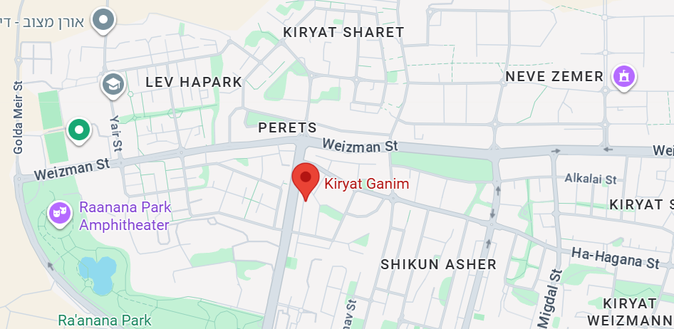 Map showing Kiryat Ganim in western Ra’anana near Ra’anana Park